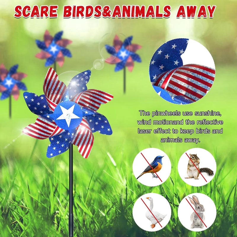 DECEED 10 PCS Reflective Pinwheels for Yard and Garden Bird Devices Pre-Installed Sparkly Wind Spinner Deterrent to Scare Birds Away from Yard Patio Farm (Red&White&Blue) - Image 4